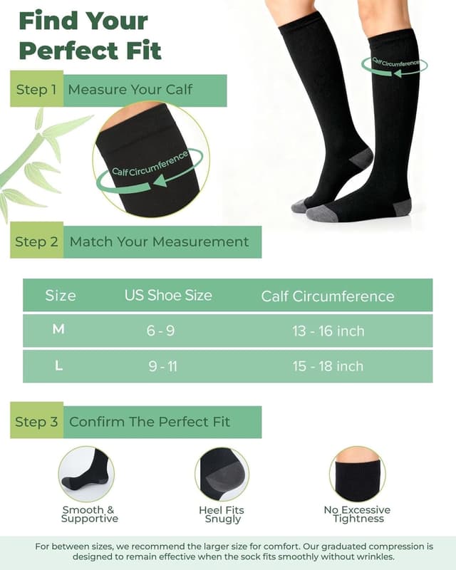 Detalle de SAIWEYNEE Women’s Compression Socks (15–20 mmHg) Knee High, Bamboo Viscose, 3-Pair Set