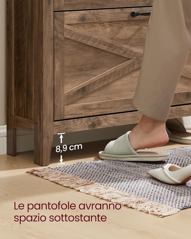 Detalle de VASAGLE LIRY HSC201K01 scarpiera slim a ribalta con 2 scomparti, stile farmhouse in marrone miele