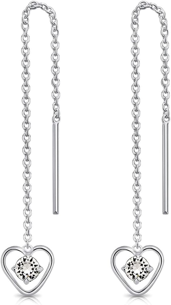 Detalle de DTPsilver® Durchziehohringe aus 925 Sterling Silber mit baumelndem Herz und 3 mm Swarovski Elements Kristall (68 mm)
