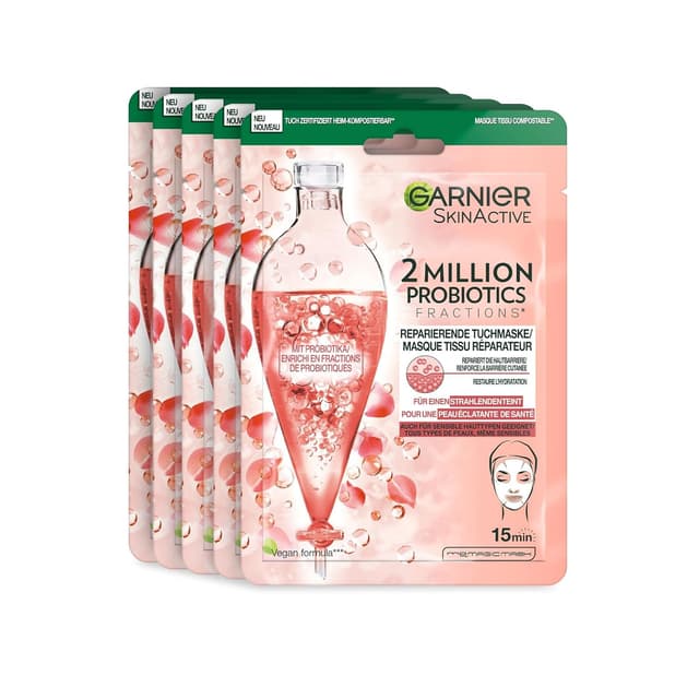 Detalle de Garnier SkinActive Reparierende Tuchmaske 2 Million Probiotics (5-er Pack) – für mehr Glow und Feuchtigkeit