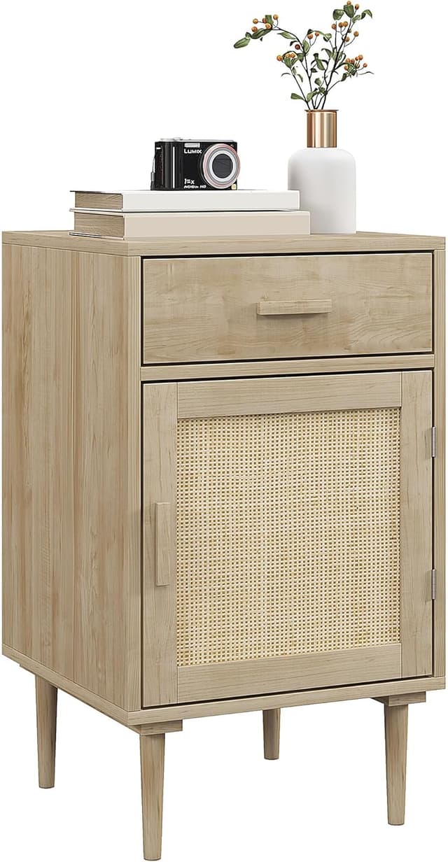 Detalle de HOMCOM Table de chevet bohème naturelle avec placard, étagère réglable et tiroir – 40 x 40 x 68,5 cm