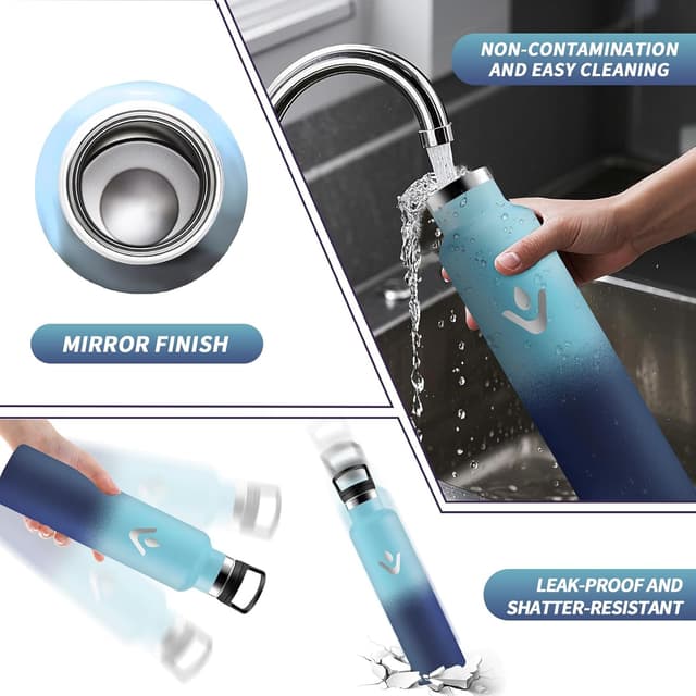 Detalle 2 de Motswedi Gourde isotherme 1 L avec paille et poignée (anti-fuite) en inox, bleu ciel & bleu foncé