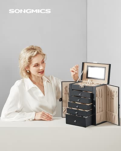 Detalle 2 de SONGMICS JBC152B01 caja joyero de 6 niveles con espejo y cerradura (negro)