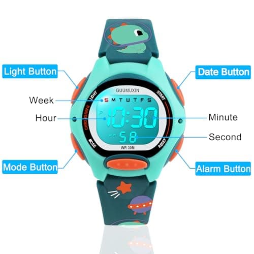 Detalle 2 de GUUMUXIN reloj digital infantil con 7 luces LED, alarma y cronómetro (resistente al agua 3 ATM)
