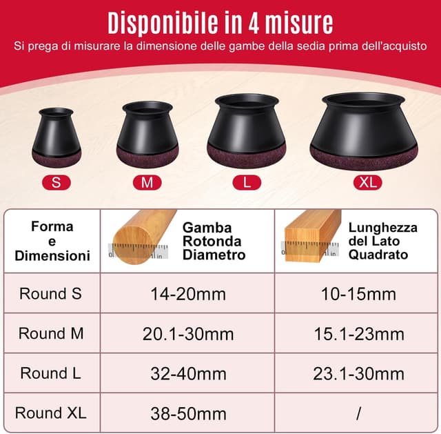 Detalle 2 de OCONDA Onda 24 gommini in silicone e feltro per sedie rotonde, nero (38–50 mm)