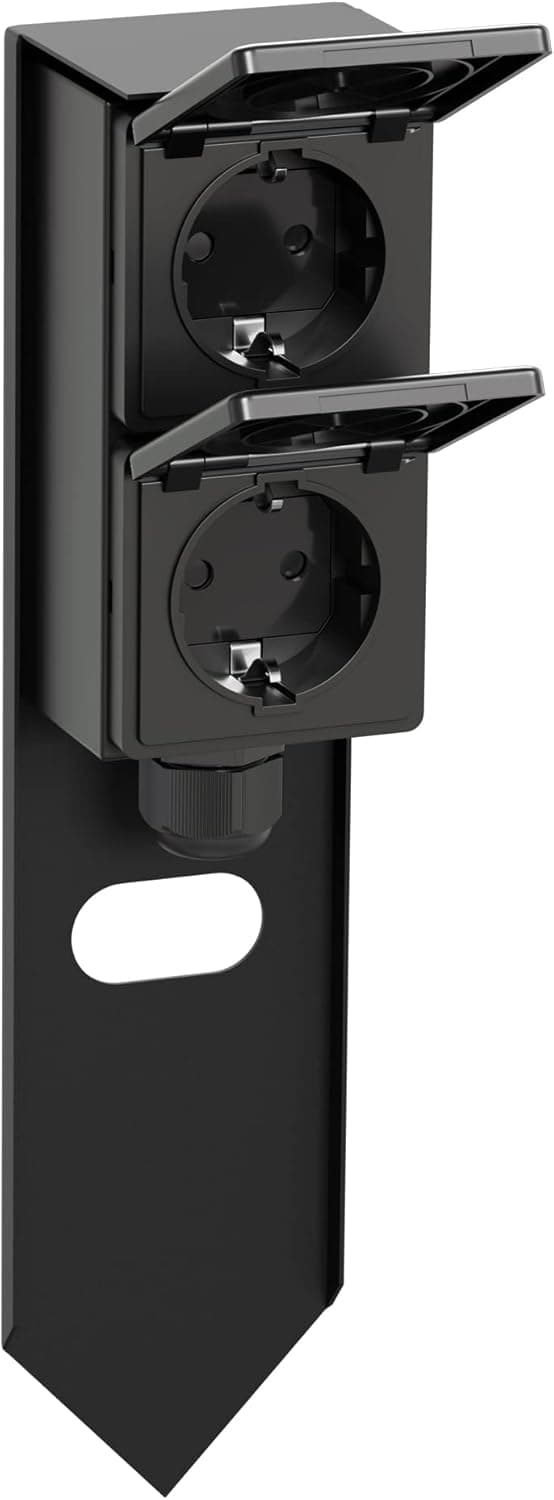 Detalle de ledscom.de PIWI Garten-Steckdosensäule mit Erdspieß, IP44, 2-fach, Edelstahl schwarz eckig, 30 cm