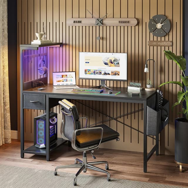 Detalle 2 de BEXEVUE LED Computer Desk with Power Outlets (120x50cm) – reversible gaming workstation with drawer, side shelf and hooks