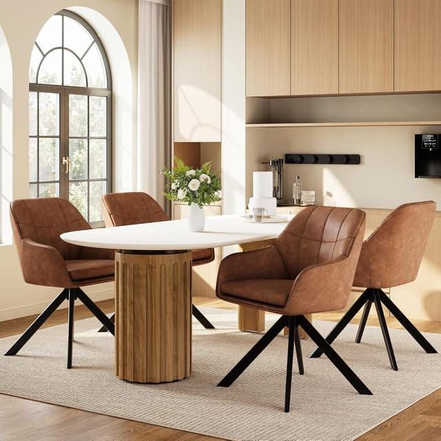 Detalle de Lot de 4 chaises pivotantes 360° Goeurvant en simili cuir marron clair avec accoudoirs