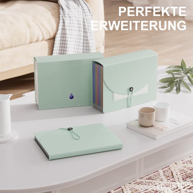 Detalle 2 de ThinkTex 12-Fächer Dokumentenmappe A4 in Morandi Grün – Ordner mit Fächern, Etiketten und Kordelzug