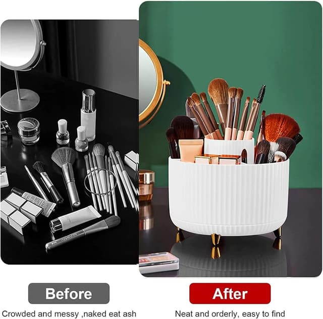 Detalle de Bekeify 360° Rotating Makeup Organiser with 5 Compartments (White ABS) for Brushes, Cosmetics & Small Accessories