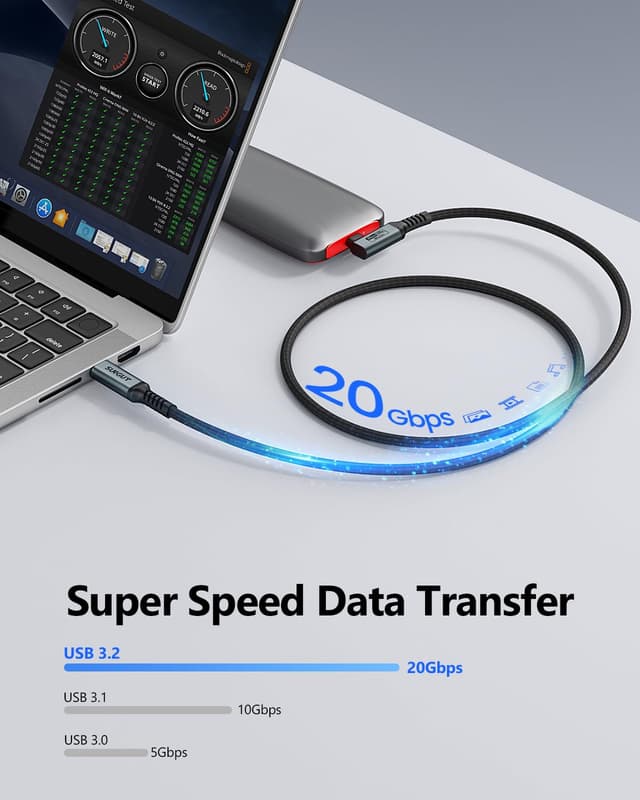 Detalle de SUNGUY USB‑C auf USB‑C Kabel 3 m (100 W, 20 Gbit/s, 4K@60 Hz) mit 90°‑Stecker