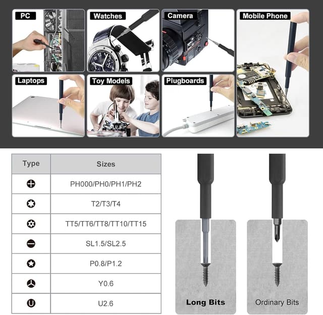 Detalle de VCELINK set cacciaviti extra lunghi 44 mm con 18 punte Torx S2 (kit di precisione 20 in 1)