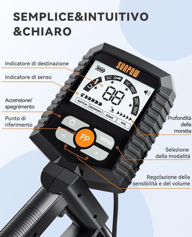 Detalle de SUNPOW MD13 metal detector professionale con bobina IP68, display LCD grande e 4 modalità (kit)