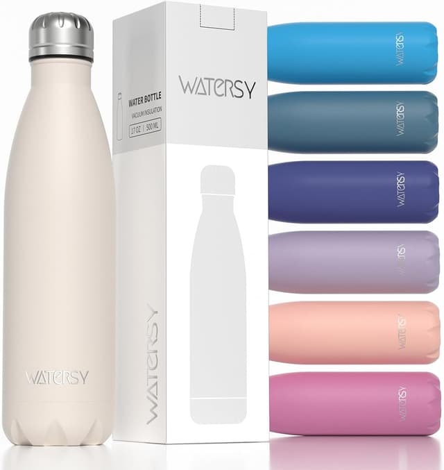 Detalle de WATERSY double-walled stainless steel insulated water bottle (500ml) – 24 hrs cold, 12 hrs hot, BPA-free (ivory beige)