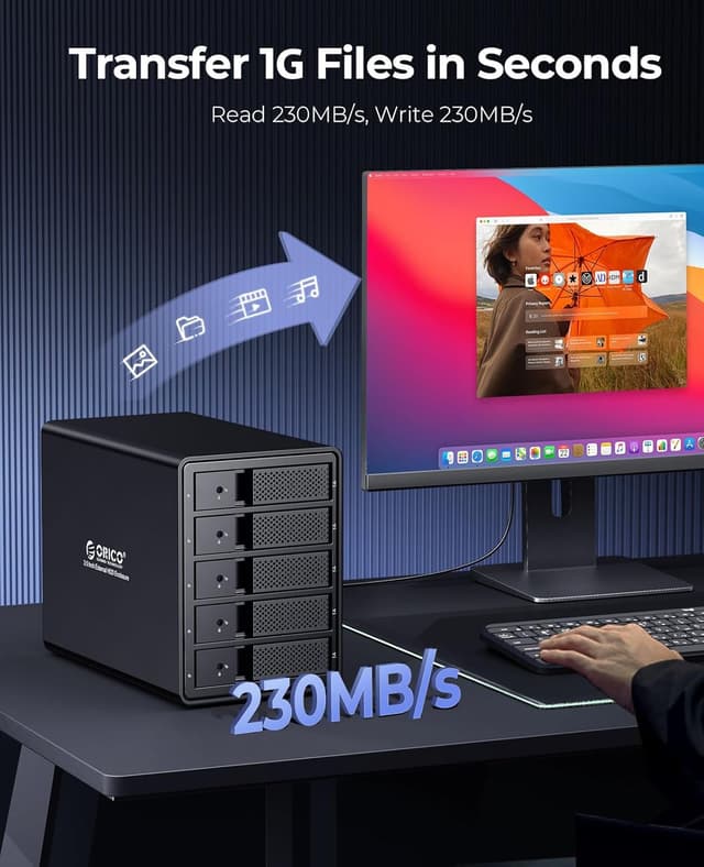 Detalle de ORICO boîtier externe pour 5 disques durs USB 3.0 vers SATA avec RAID (aluminium) – 5 baies