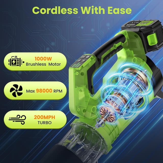 Detalle 2 de Soffiatore Aspiratore a Batteria 21V 8000mAh con motore brushless 1000W, 96000RPM e 5 velocità