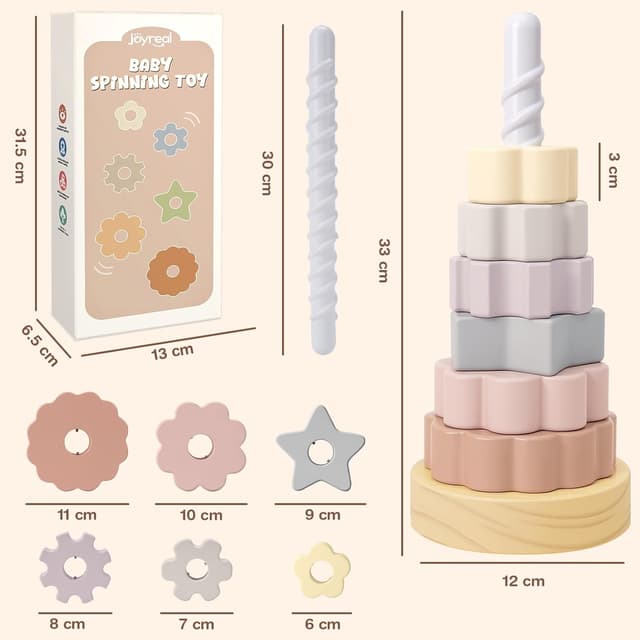 Detalle 2 de Joyreal Wooden Spinning Stacking Tower Toys – Rainbow Ring Stacker (Montessori-inspired cause & effect toy)