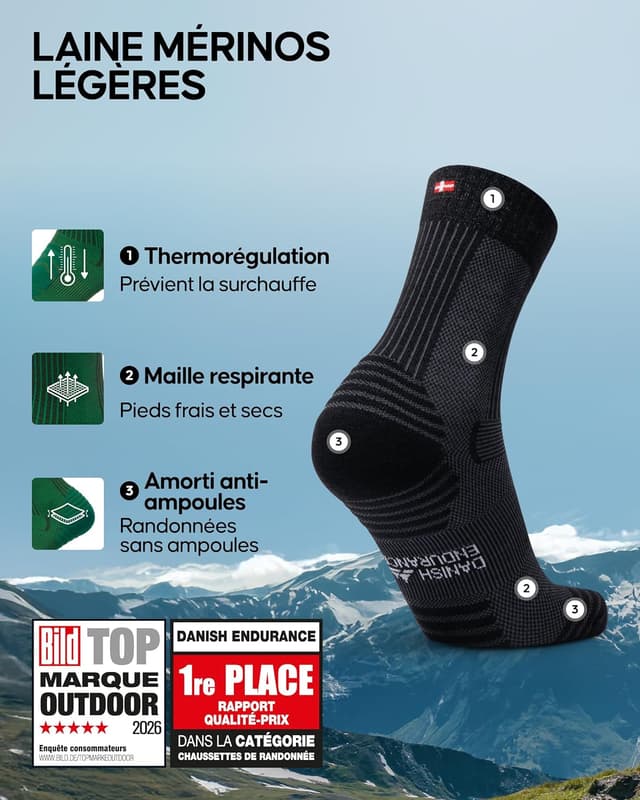 Detalle de Danish Endurance Chaussettes de randonnée en laine mérinos avec rembourrage léger (3 & 5 paires) unisex