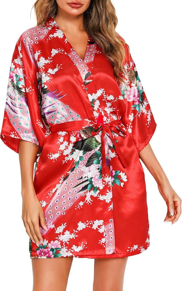 Detalle de Kimono japonais femme Vlazom en satin, court mariage (peignoir pour la mariée et demoiselles)