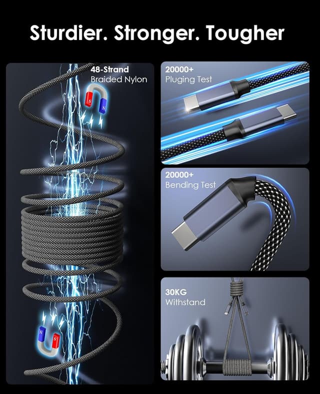 Detalle de Magtame 240W Magnetic USB-C to USB-C Cable (5A, 5ft) with E‑Marker chip – Black