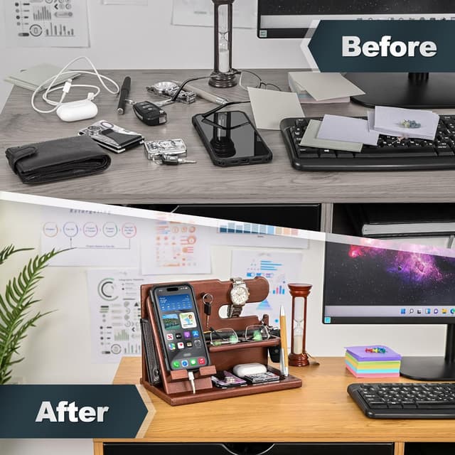 Detalle de Teslyar Gifts for Men Wood Phone Docking Station – Solid Ash Nightstand Organiser with Key Holder, Wallet & Watch Stand