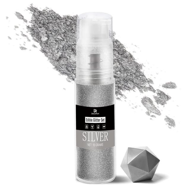 Detalle de DecorRom essbarer Glitzer – 10 g Glitzerstaub im Sprühfläschchen (Silber) zum Dekorieren von Kuchen & Getränken
