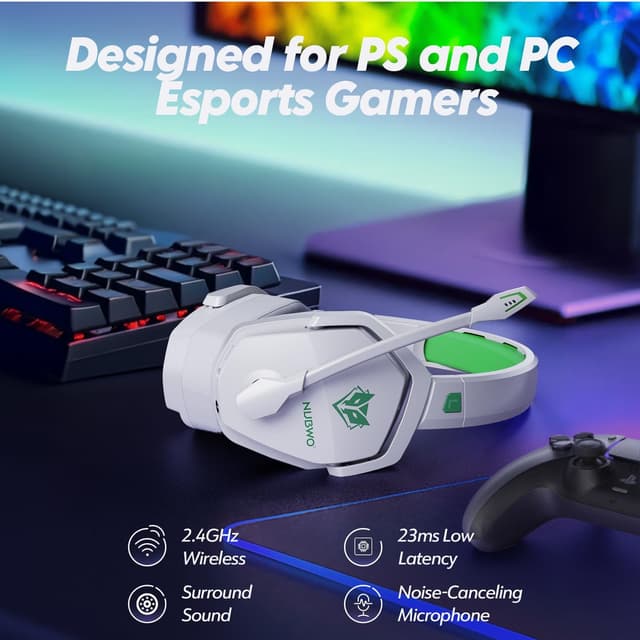 Detalle 2 de NUBWO G06 Dual Wireless Gaming Headset mit Mikrofon (2,4-GHz + Bluetooth) für PS5, PS4, PC, Mobile & NS – Weiß/Grün