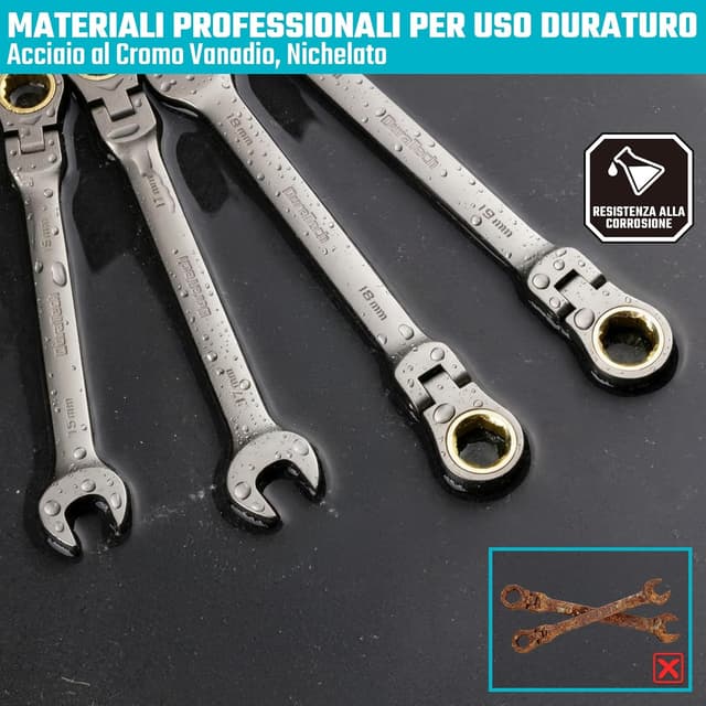 Detalle de DURATECH set di 12 chiavi combinate a cricchetto con testa flessibile CR-V, 8–19 mm, 72 denti in valigetta