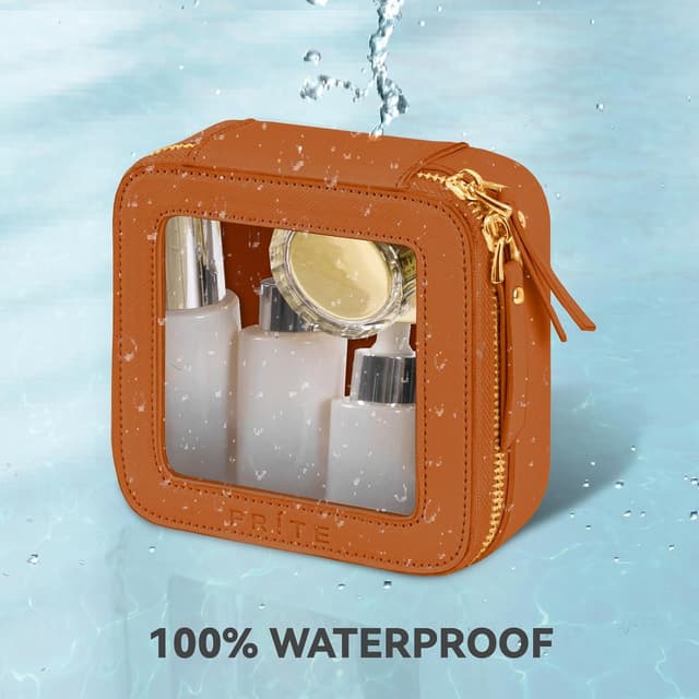 Detalle de Prite Small Clear Makeup Bag with Gift Box (Brown) – waterproof mini cosmetic case with double zippers