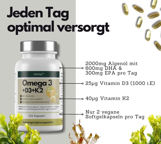 Thumbnail 2 de EXVITAL Omega 3 Vegan D3 K2 120 Kapseln