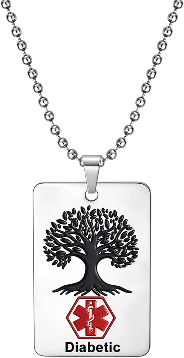Detalle de AITENME Medizinische Alarm-Halskette mit Quadratkarte und Baum des Lebens aus Edelstahl (60 cm)