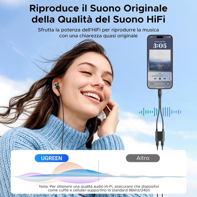 Detalle de UGREEN Adattatore USB‑C a USB‑C 2‑in‑1 con ricarica PD 60W magnetico e audio 96 kHz/24 bit