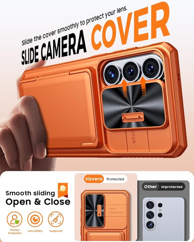 Detalle 2 de Vizvera for Samsung Galaxy S26 Ultra case with sliding camera cover, card wallet & RFID protection (Orange)