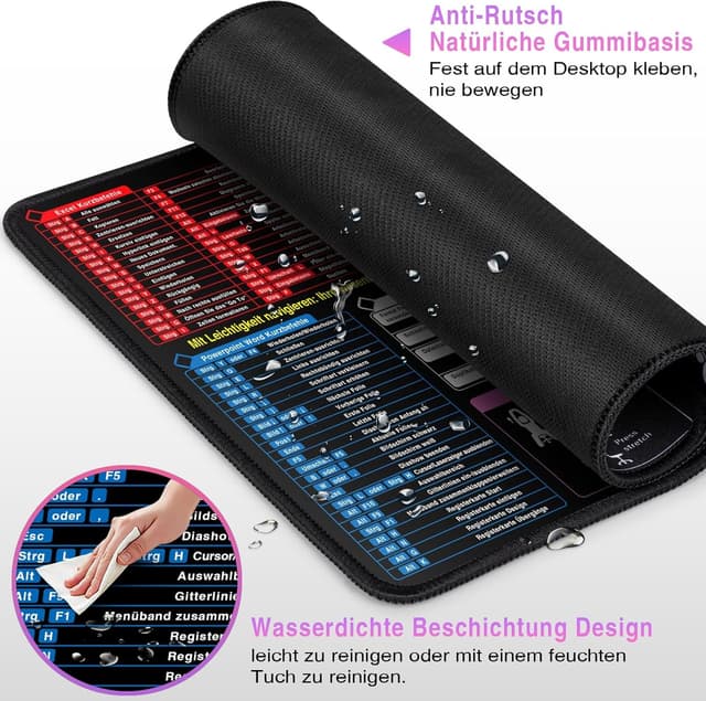Detalle de Gaming-Mauspad 300x250x3 mm mit Office-Shortcuts (Excel/Word/PPT) – kleine Schreibtischunterlage für PC, Büro & Studium