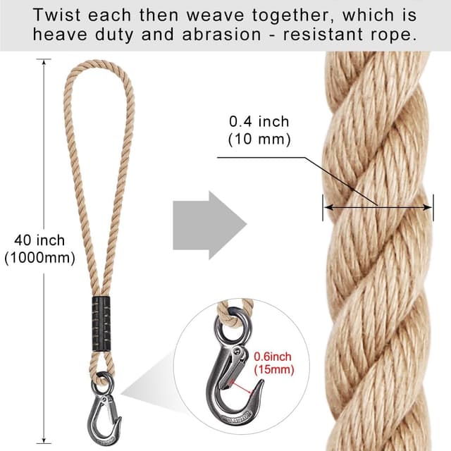 Detalle 2 de BeneLabel 2pcs Tree Swing Rope & Hammock Hanging Strap Kit (100cm) with Hook – Off-White