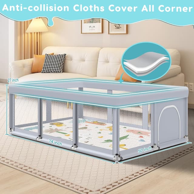 Detalle 2 de Fshibila 74" × 50" Large Baby Playpen (Baby Playard) with Breathable Mesh, Anti-Fall Safety & Mat