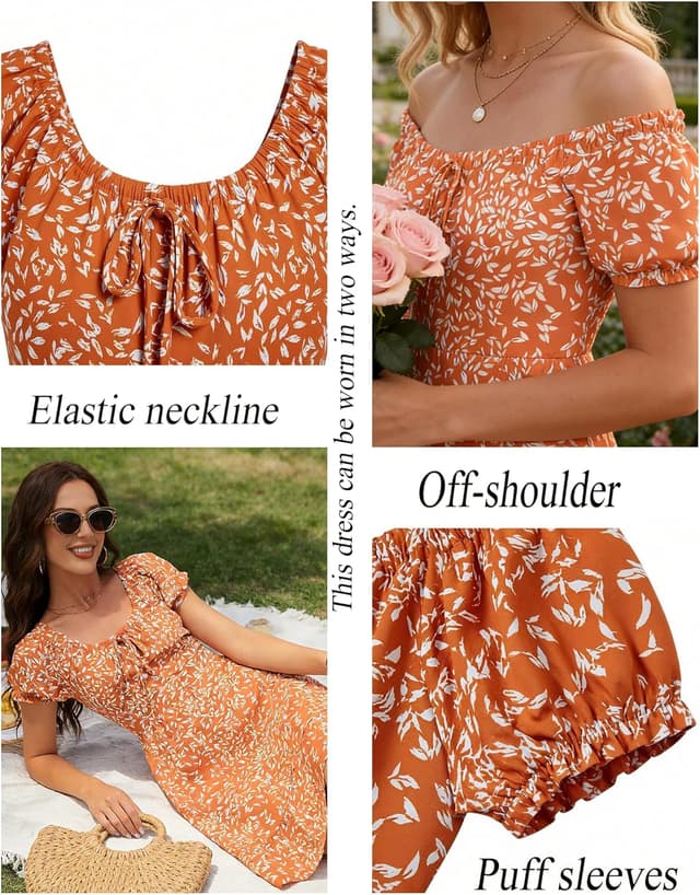Detalle de AUSELILY Damen Sommerkleid mit Puffärmeln, hoher Taille und Taschen