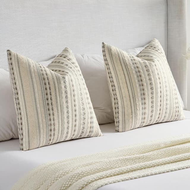 Detalle 2 de Ystyle housse de coussin 60x60 (lot de 2) en chenille à rayures champêtres gris/blanc