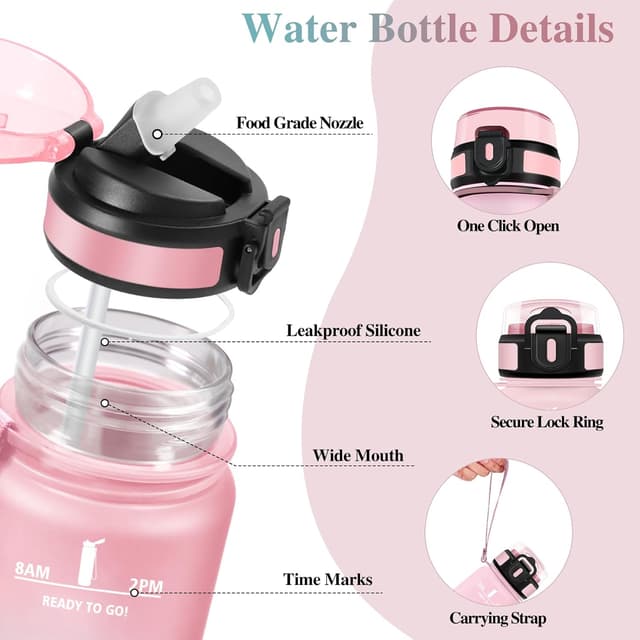 Detalle 2 de Motswedi gourde 1 litre avec paille anti-fuite, repères de motivation et marqueur de temps (rose & cyan)