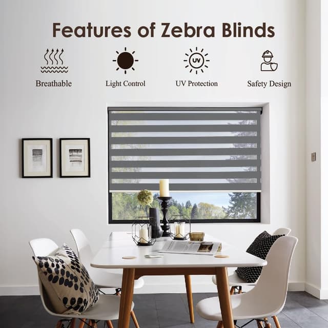 Detalle de Rehan & Co Grey Day and Night Zebra Roller Blinds (Dual Layer) for Windows & Doors, 64cm W x 165cm L