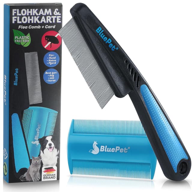 Detalle de BluePet Flohkamm + Flohkarte für Hunde & Katzen – sanftes Auskämmen gegen Flöhe, Läuse & Zecken