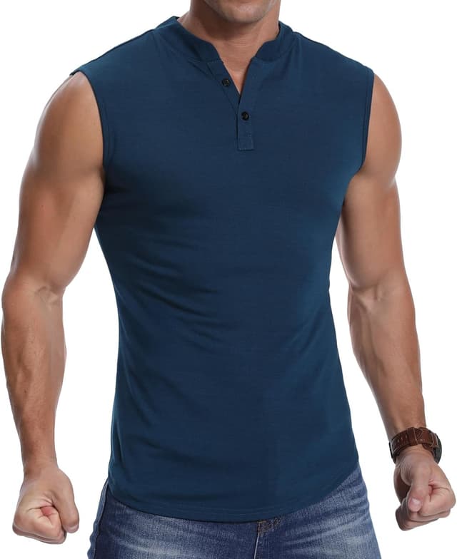 Thumbnail 6 de PCEAIIH Men’s Sleeveless Henley Vest Sports Tank (65% rayon / 35% polyester) – slim fit running & gym top