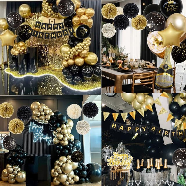 Detalle 2 de Schwarz-Gold Geburtstagsdeko Party Set mit Happy Birthday Banner, Ballons, Pompons und Lametta