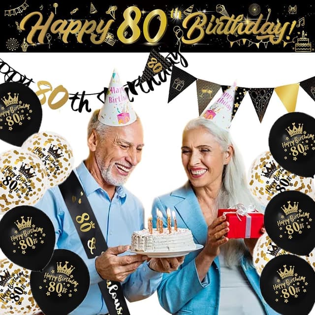 Detalle de 14 Pieces 80th Happy Birthday Decorations Kit (9ft Banner, Triangle Flags, Confetti Balloons)