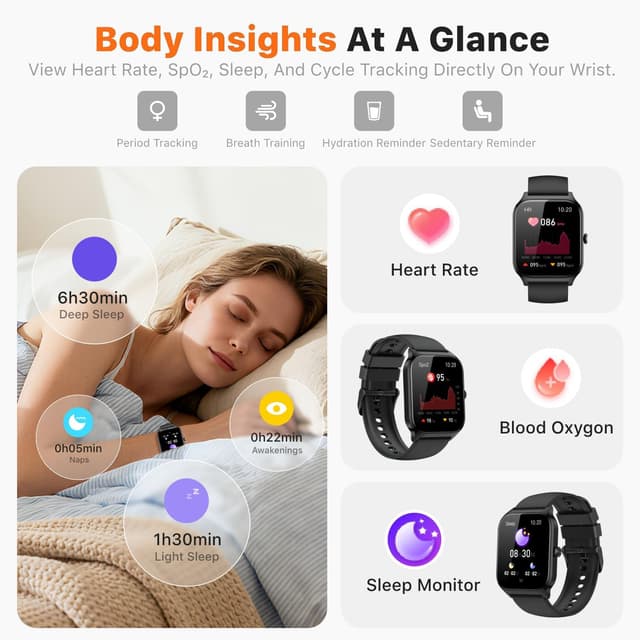 Detalle 2 de Kriutefy Smart Watch (Women & Men) with Bluetooth calling, 1.83" HD display, fitness & sleep tracking – Midnight Black
