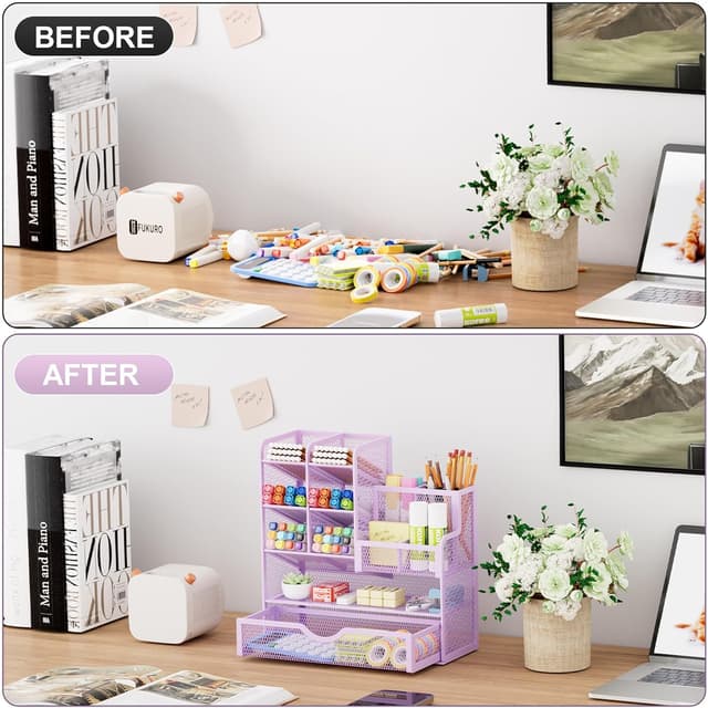 Detalle de Marbrasse Organizer Scrivania in Rete con scomparti inclinabili e cassetto, viola