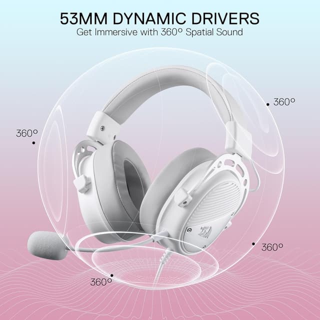 Detalle de Redragon H730 USB Wired Gaming Headset (53mm drivers) with 360° Spatial Sound and detachable mic – White