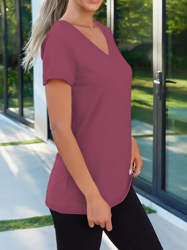 Detalle de Cuptacc Damen-T-Shirt mit V-Ausschnitt, kurzarm, einfarbig – Basic für Sommer & Alltag