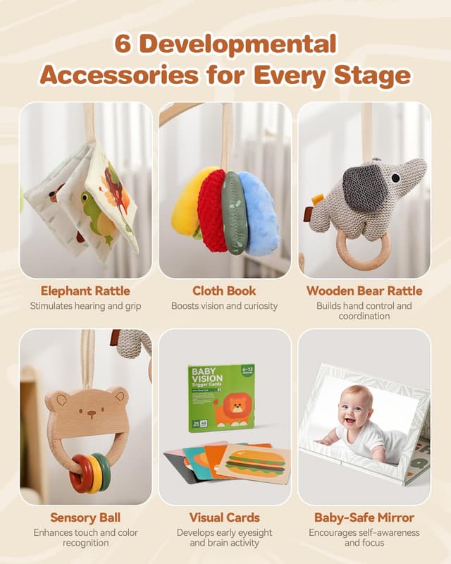 Detalle 2 de Promise Babe Spielbogen aus Holz (6 interaktive Sinnesspielzeuge) für Babys ab 0 Monaten – Motorik & Sinnesförderung