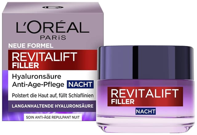 Detalle 1 de L’Oréal Paris Revitalift Filler Hyaluron Nachtcreme mit Micro-Filler & Hyaluronsäure – Anti-Aging Gesichts- & Schlaflinienpflege (2er Pack, je 50 ml)